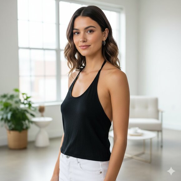 Anthropologie Sanctuary Essential Halter Top Knit Black Cropped Size L - Picture 1 of 15